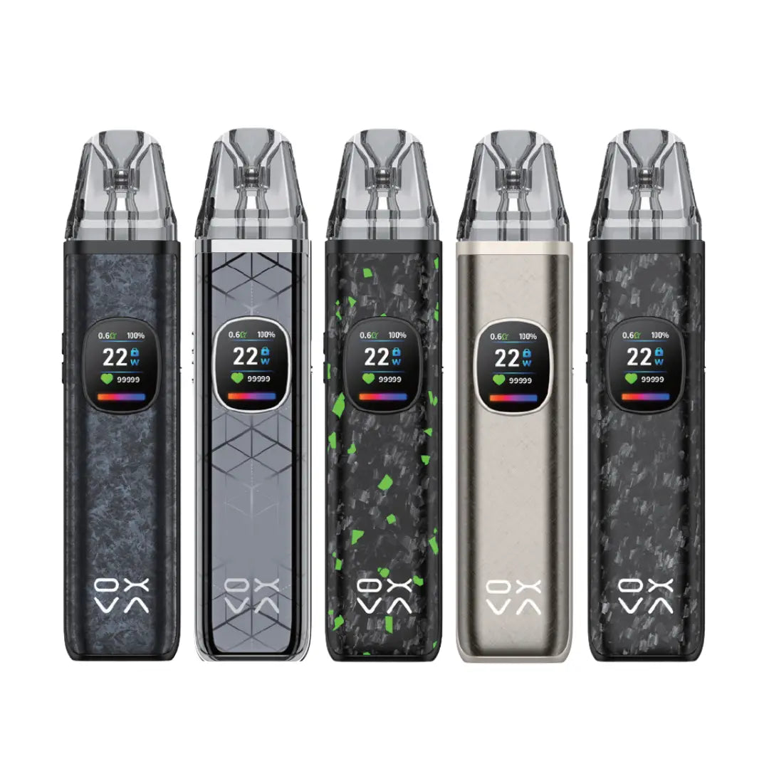 OXVA Xlim Pro 2 DNA pod vape with OLED screen and real carbon fiber body design, ngled view of Xlim Pro 2 DNA with luxury carbon finish and smart Evolv DNA chip, Xlim Pro 2 DNA vape kit with pod device, USB-C cable, and stainless steel pod, OLED screen of OXVA Xlim Pro 2 showing wattage, puff count, and battery level, Xlim SS top-fill pod with stainless steel coil for leak resistance and clean refills, OXVA Replay Mode feature locking in perfect puff with Evolv DNA chip technology, Xlim Pro 2 chargin