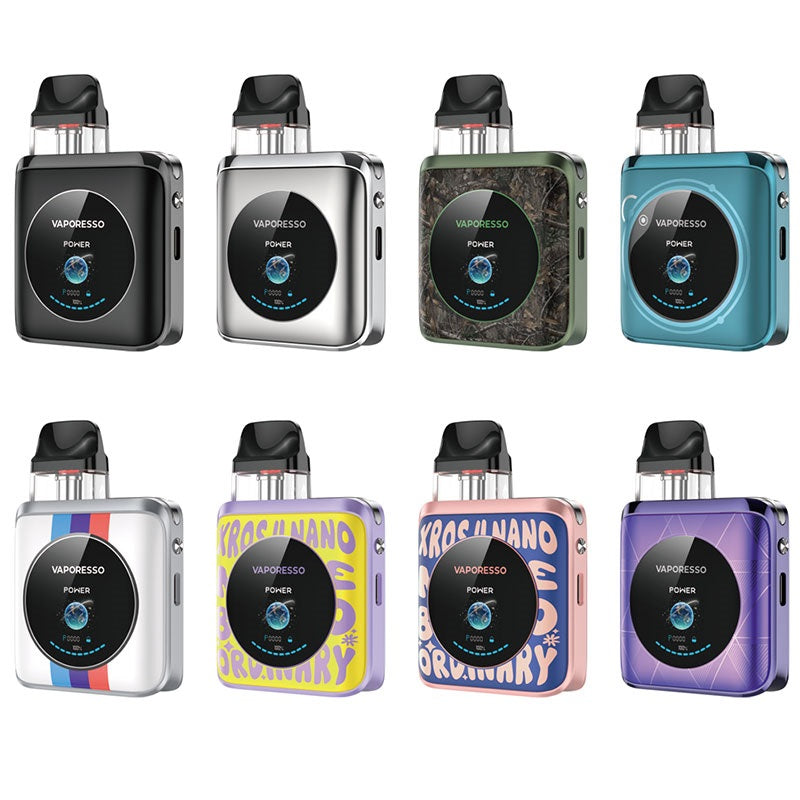 XROS 4 Nano TFT screen display – showcasing wattage control, power modes (Eco, Normal, Boost), and battery level
Vaporesso XROS 4 Nano Pod Kit Word-pop Blue – front view of compact pod vape with 1350mAh battery and 1.3-inch TFT screen
Vaporesso XROS 4 Nano Blue Edition – side angle view showing sleek design and adjustable airflow for MTL and RDL vaping
XROS 4 Nano Pod Kit by Vaporesso – close-up of refillable mesh pod system compatible with nic salts and freebase e-liquids
Retail packaging of Vaporesso XRO